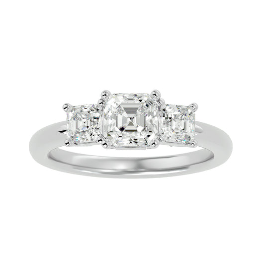 Lab Grown Emerald Cut Diamond In White Gold Three Stone Ring