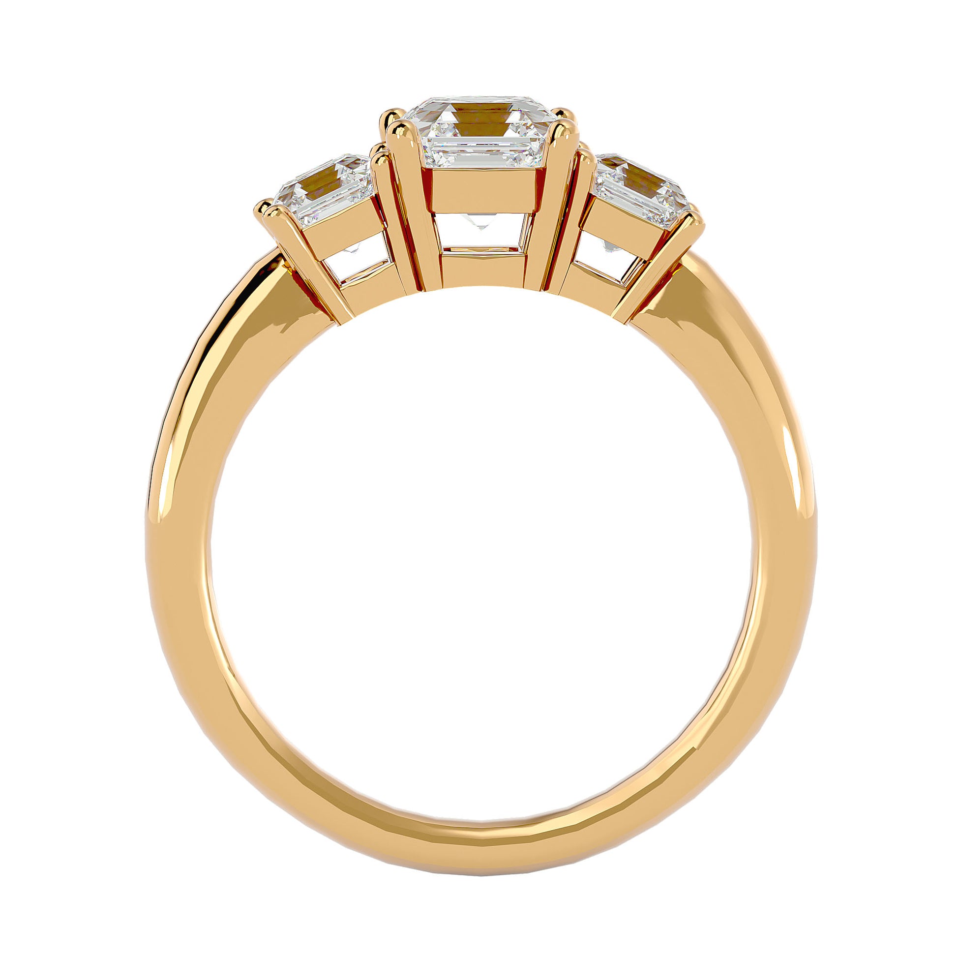 Lab Grown Emerald Cut Diamond Three Stone Ring In Yellow Gold