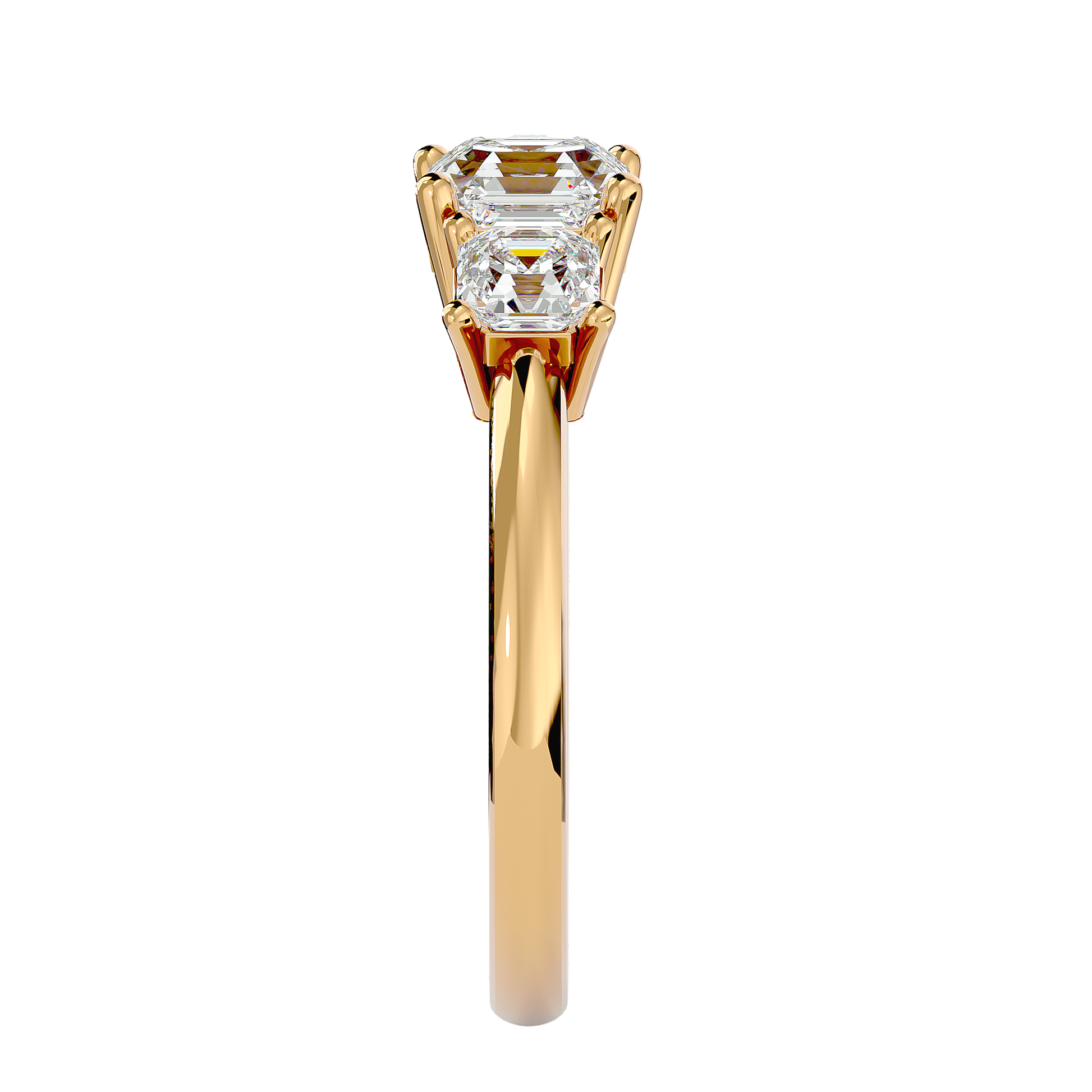 Lab Grown Emerald Cut Diamond Three Stone Ring In Yellow Gold