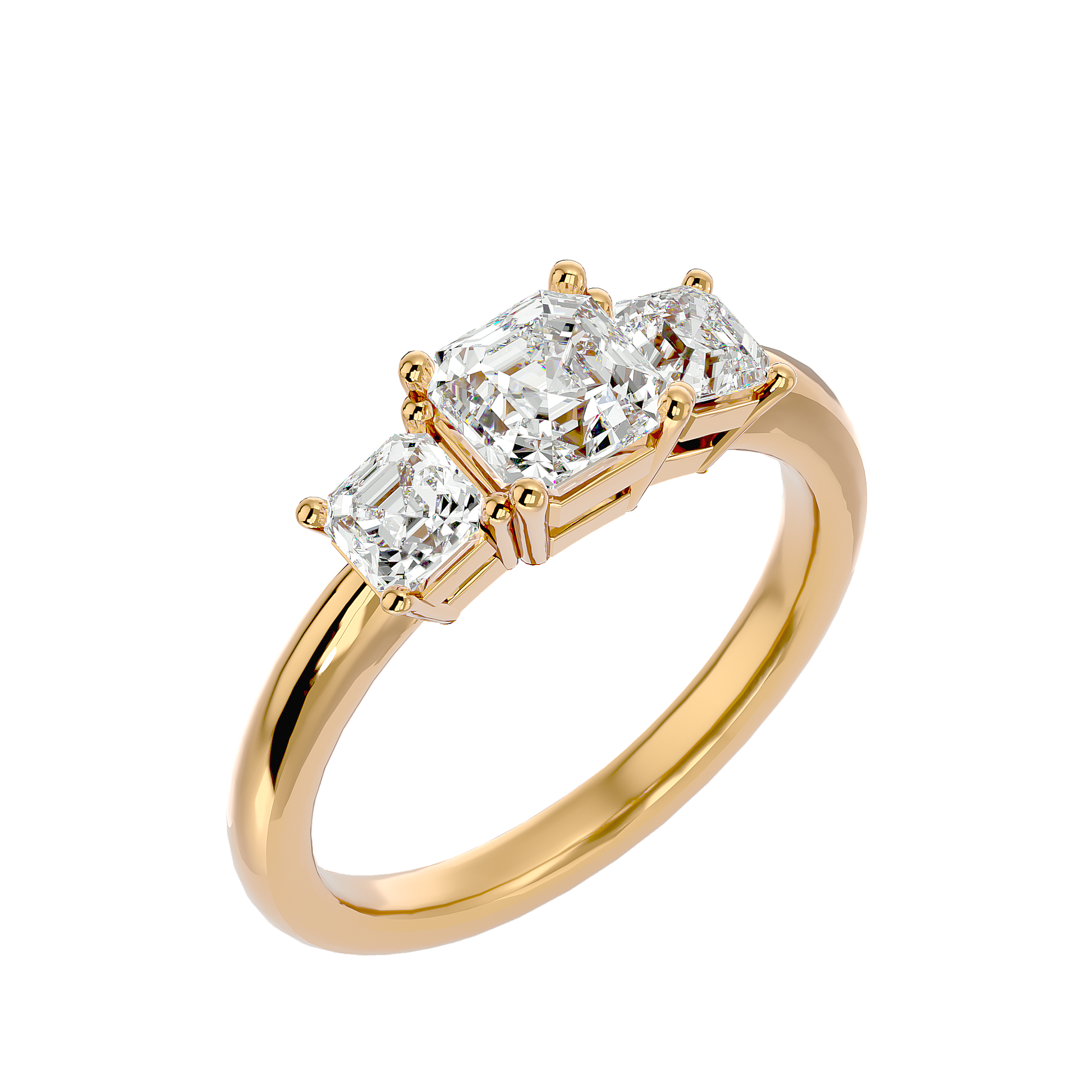 Lab Grown Emerald Cut Diamond Three Stone Ring In Yellow Gold