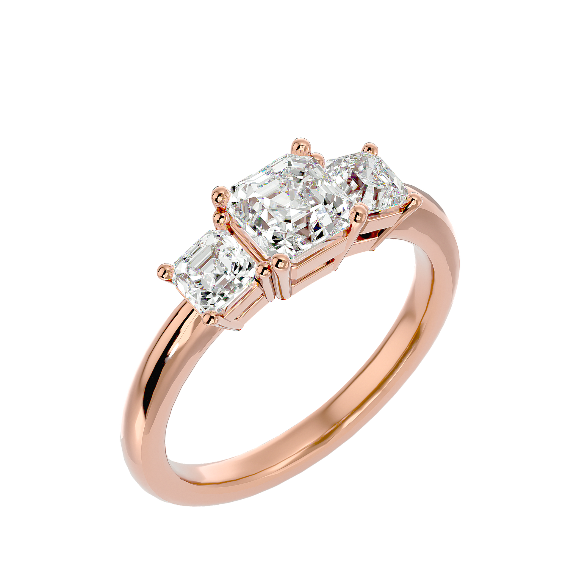 Lab Grown Emerald Cut Diamond Three Stone Ring In Rose Gold