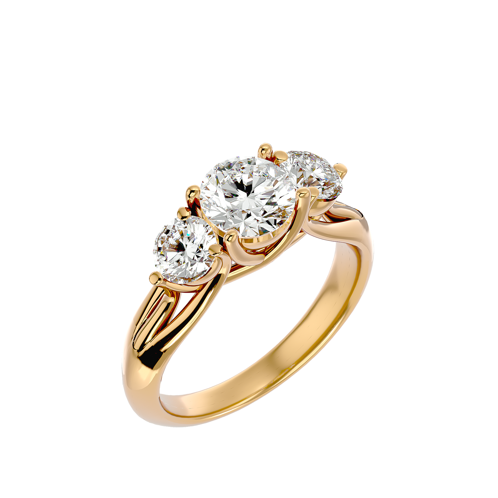 Lab Grown Round Cut Diamond Three Stone Ring In Yellow Gold