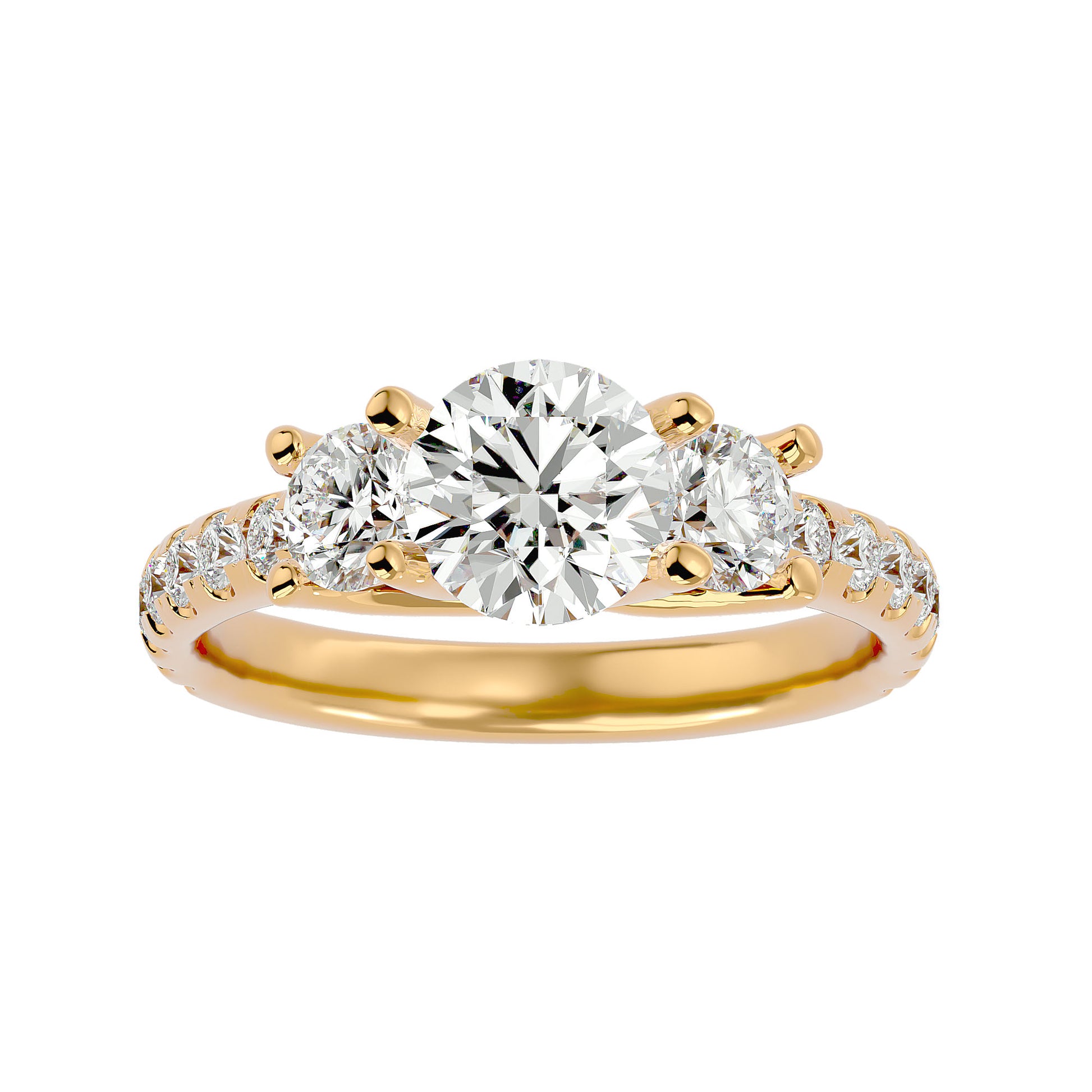 Lab Grown Round Cut Diamond Three Stone Ring In Yellow Gold