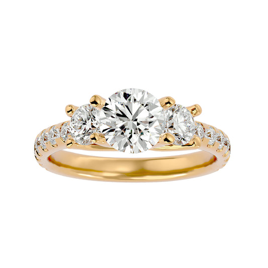 Lab Grown Round Cut Diamond Three Stone Ring In Yellow Gold