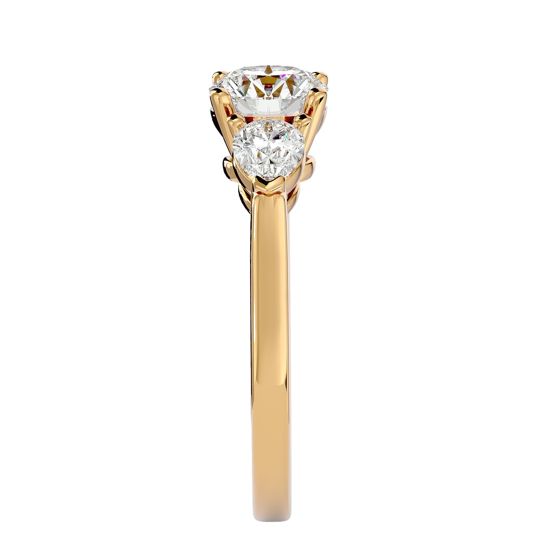 Lab Grown Round Cut Diamond Three Stone Ring In Yellow Gold