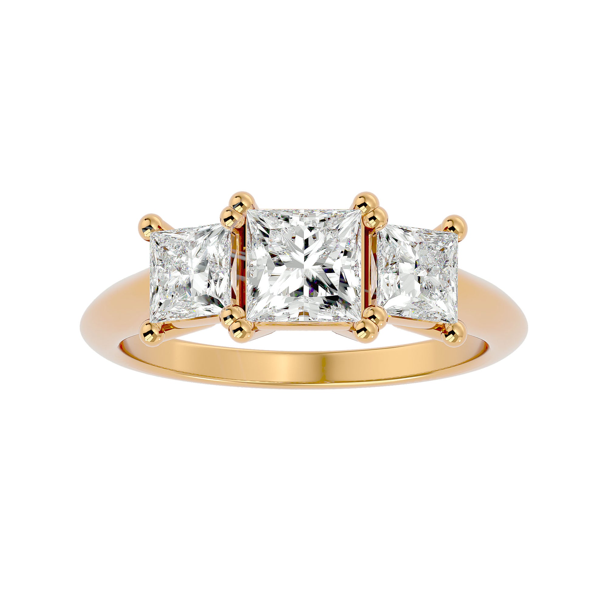 Lab Grown Princess Cut Diamond Three Stone Ring In Yellow Gold