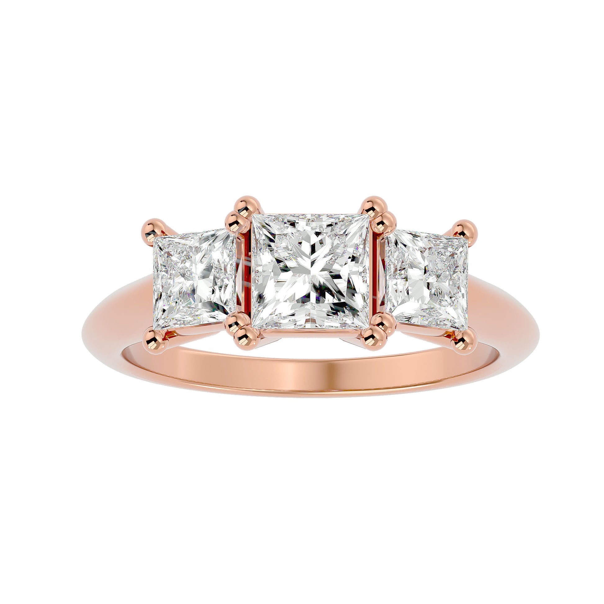 Lab Grown Princess Cut Diamond Three Stone Ring In Rose Gold