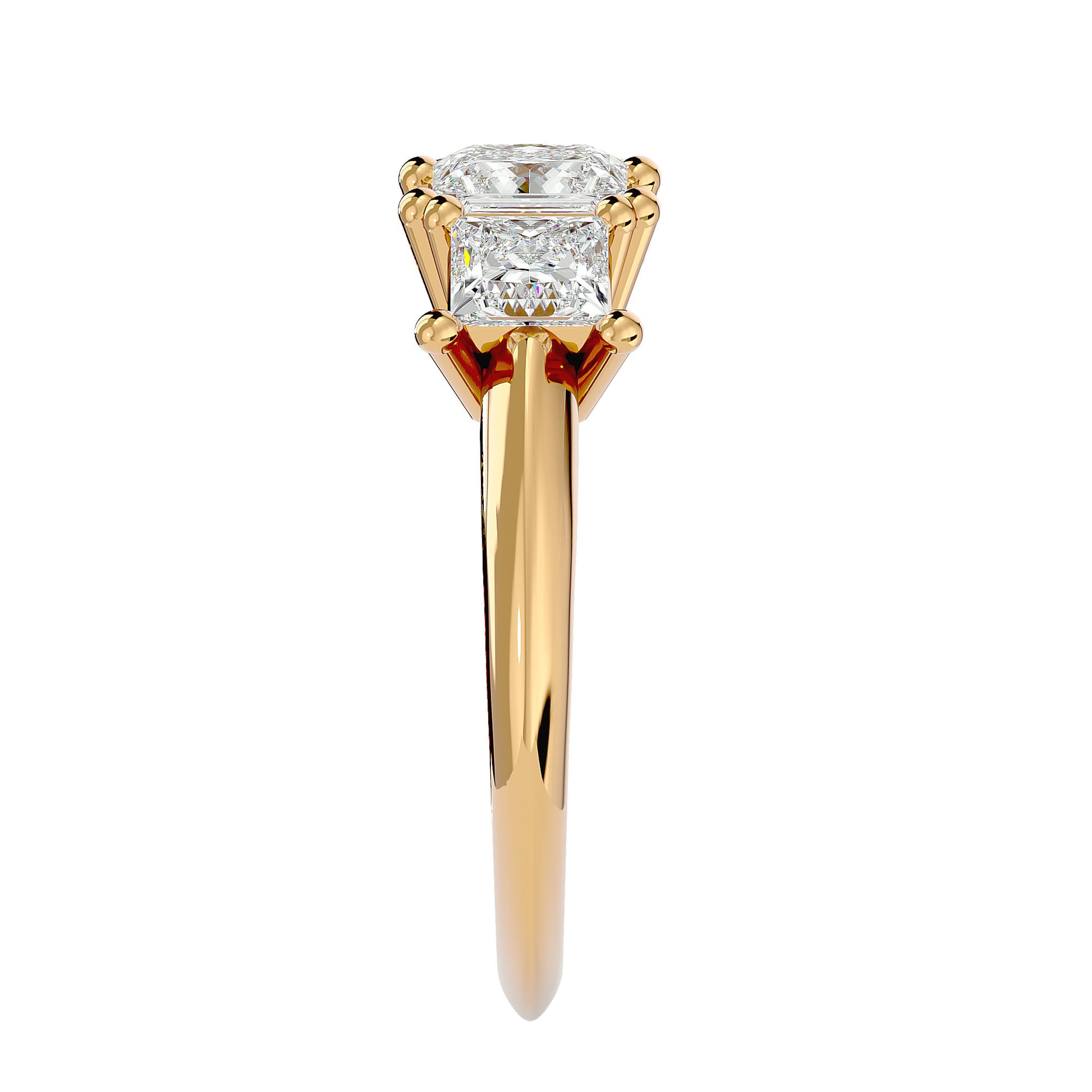 Lab Grown Princess Cut Diamond Three Stone Ring In Yellow Gold