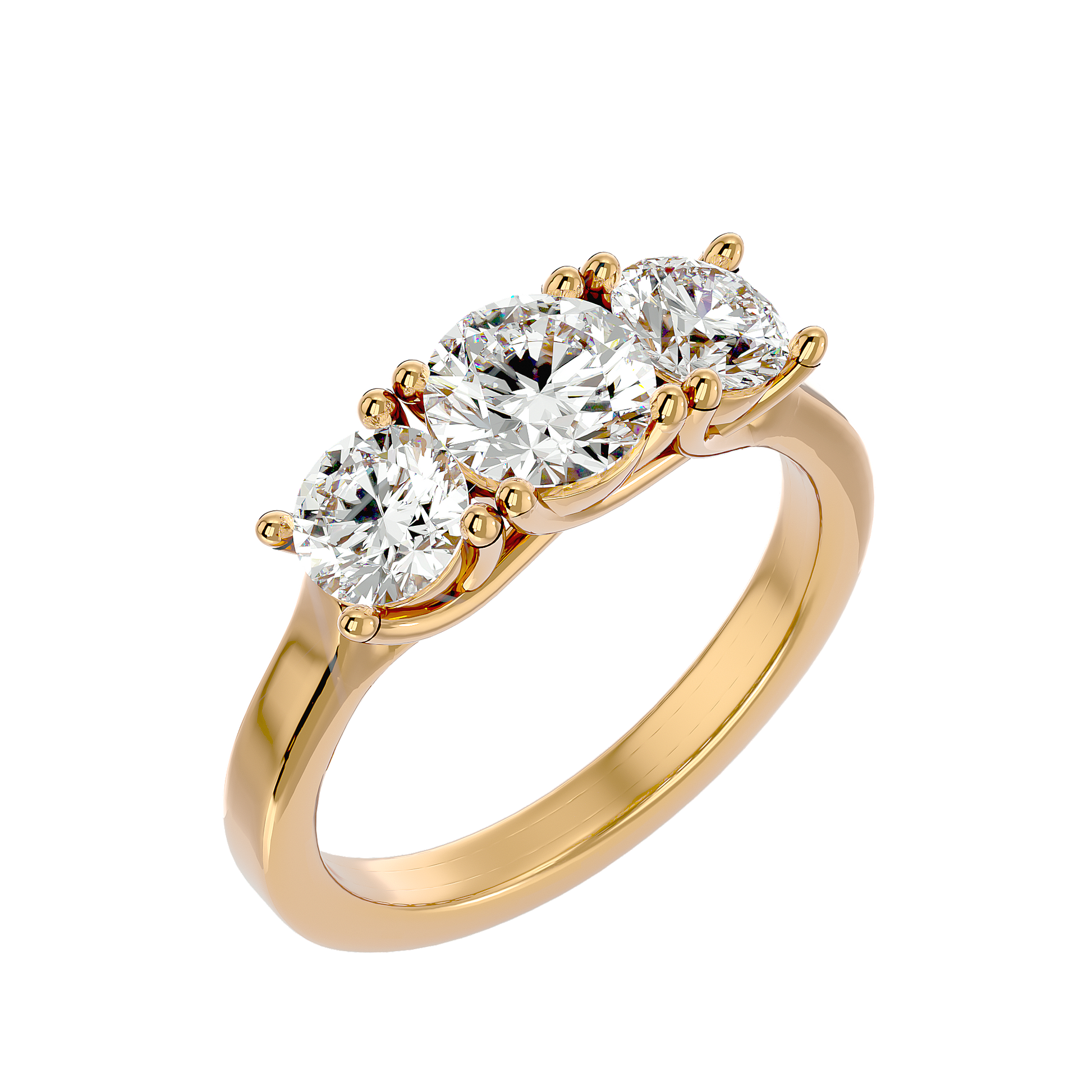 Lab Grown Round Cut Diamond Three Stone Ring In Yellow Gold