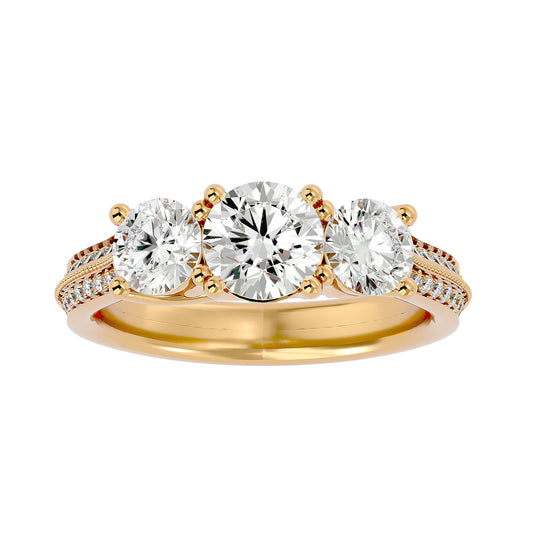 Lab Grown Round Cut Diamond Three Stone Ring In Yellow Gold