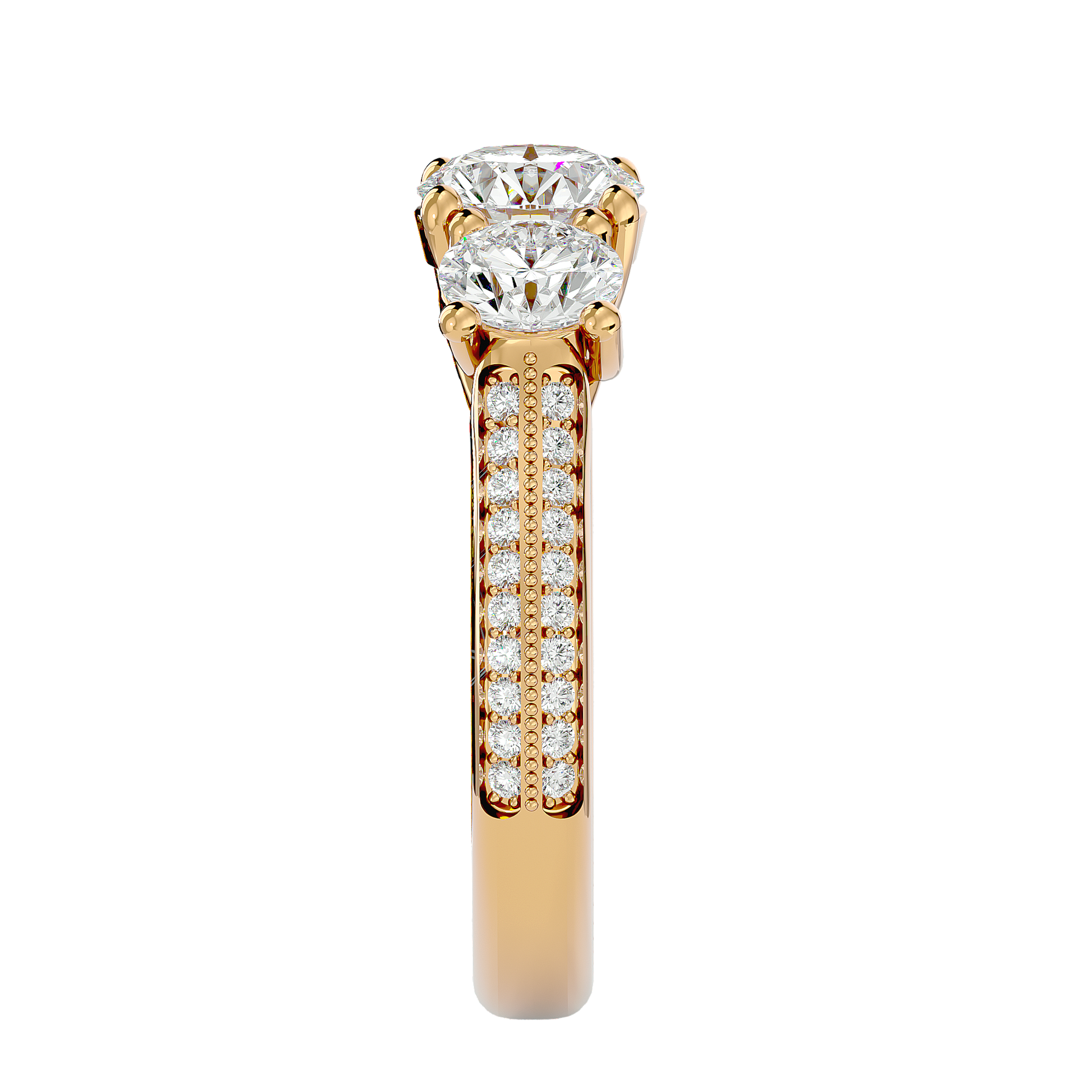 Lab Grown Round Cut Diamond Three Stone Ring In Yellow Gold