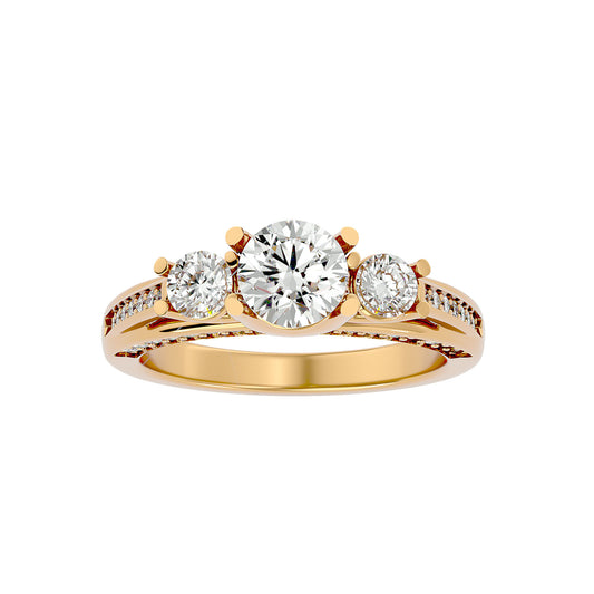 Lab Grown Round Cut Diamond Three Stone Ring In Yellow Gold