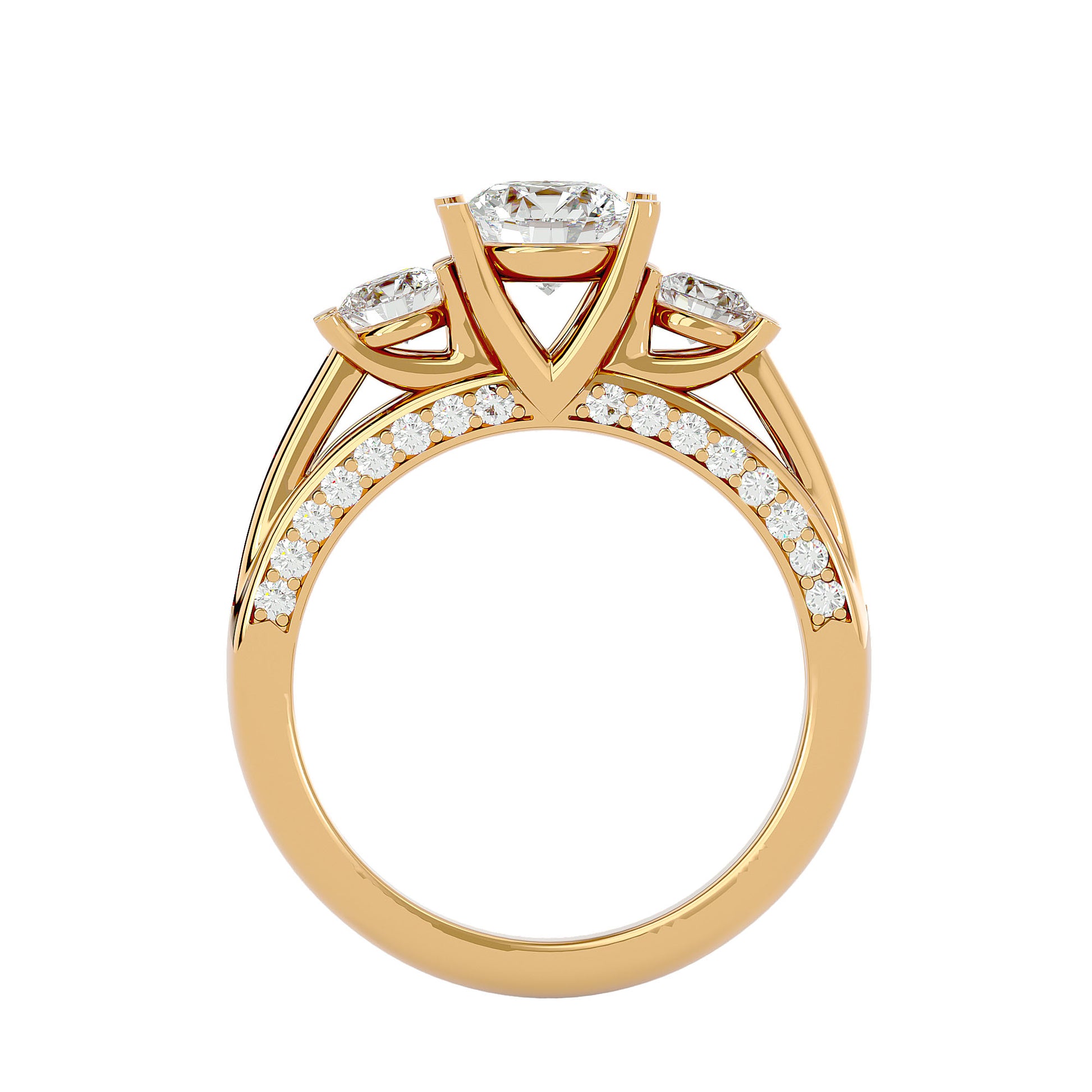 Lab Grown Round Cut Diamond Three Stone Ring In Yellow Gold