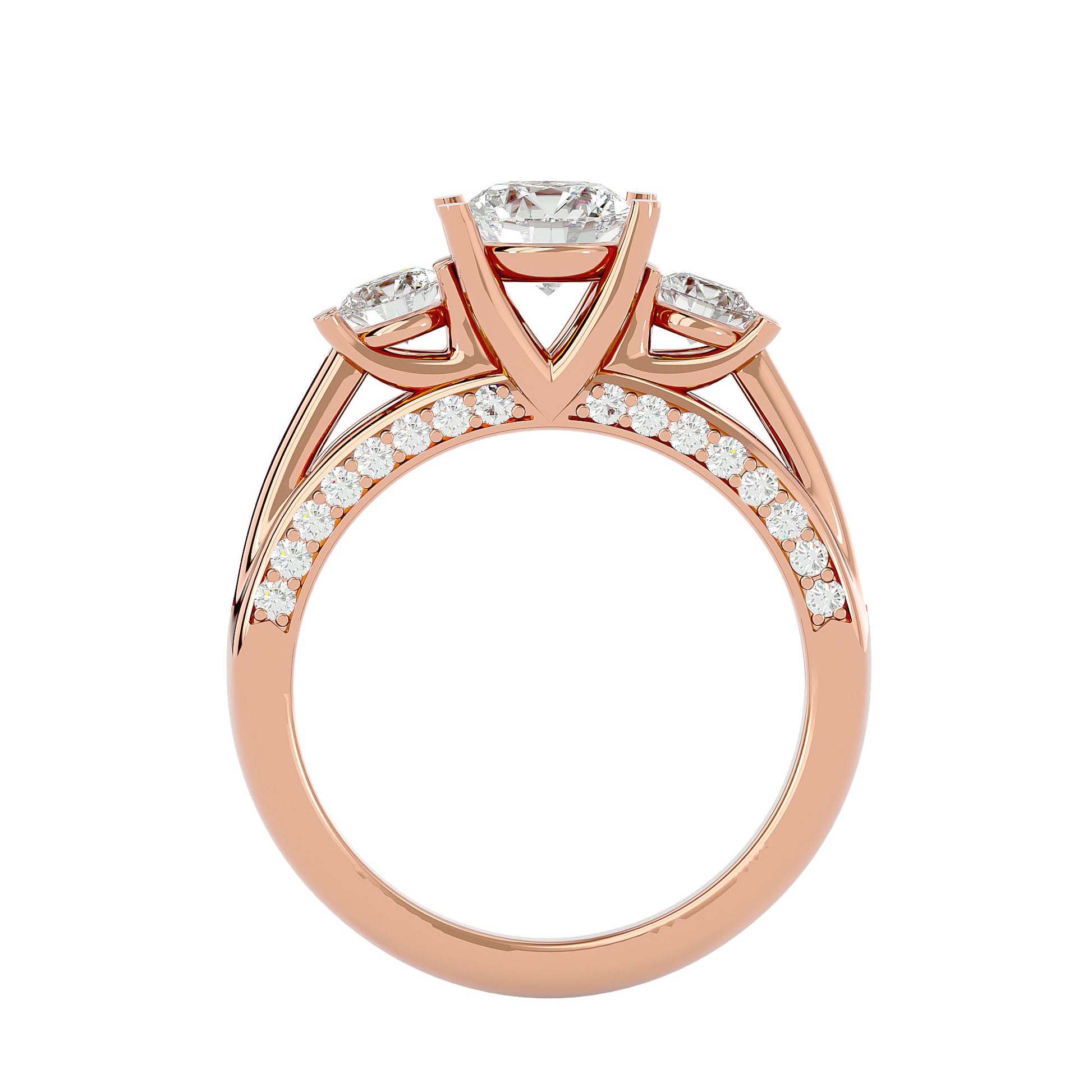 Lab Grown Round Cut Diamond Three Stone Ring In Rose Gold