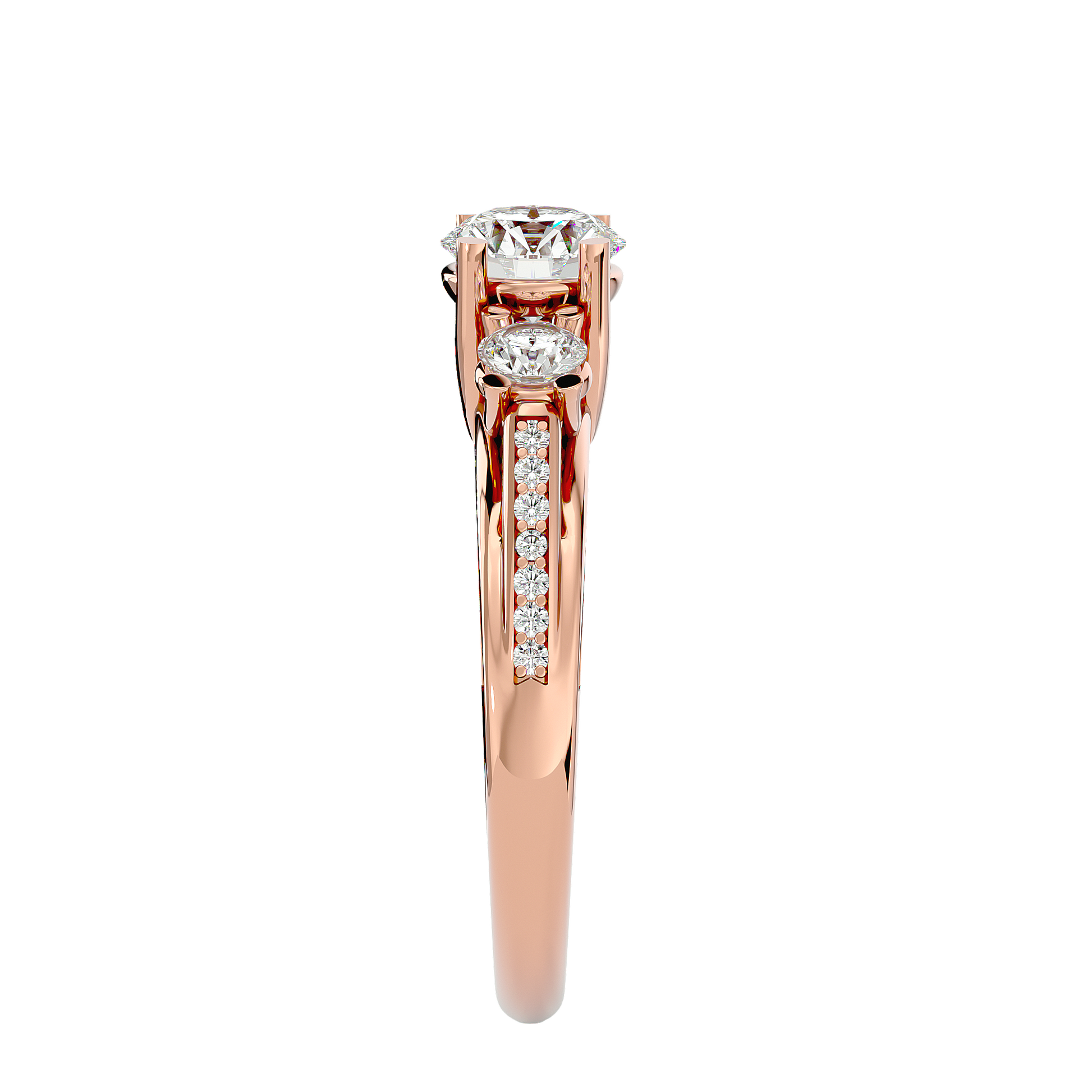 Lab Grown Round Cut Diamond Three Stone Ring In Rose Gold