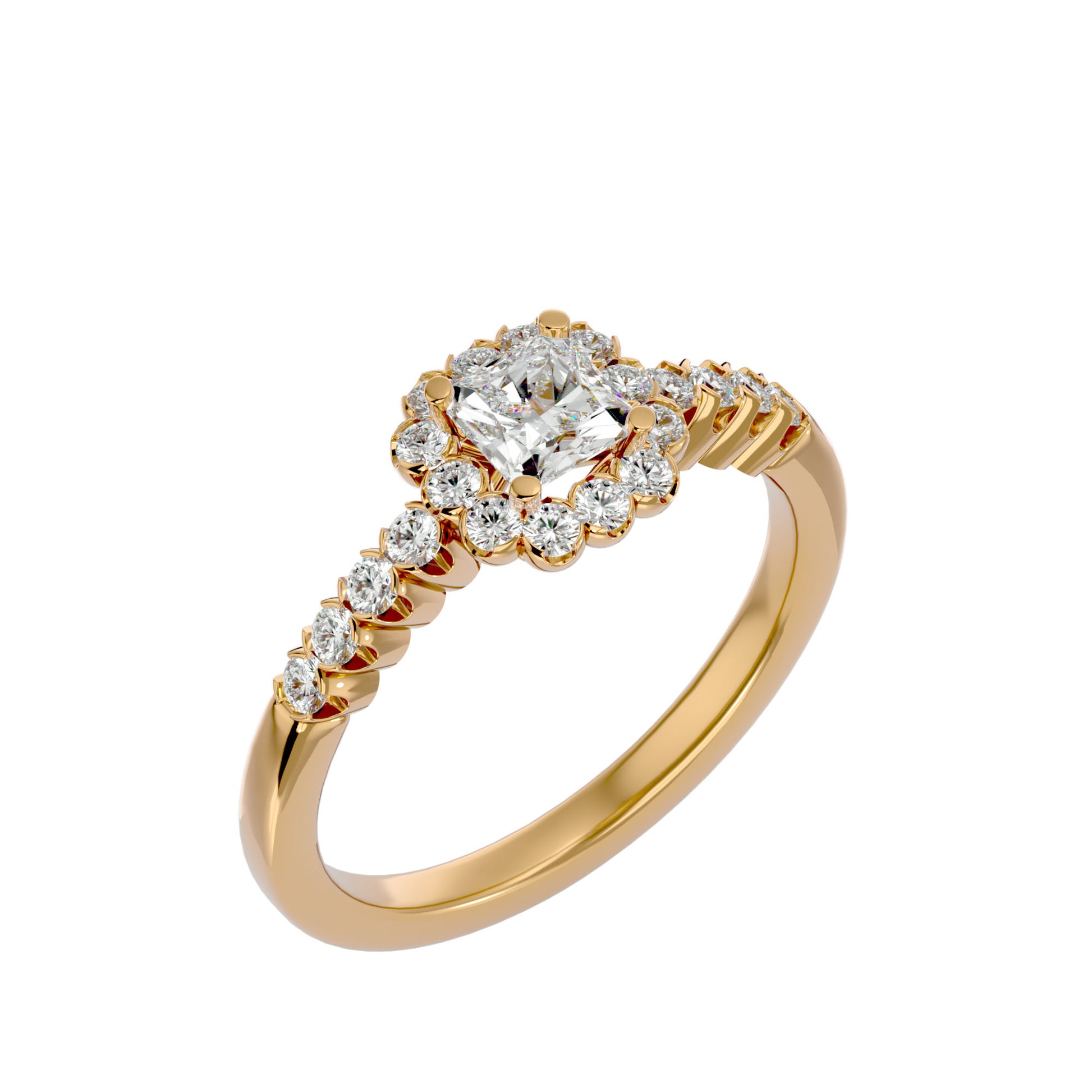 Lab Grown Emerald Cut Diamond Halo Ring In Yellow Gold