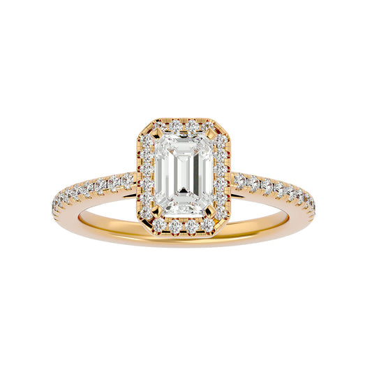 Lab Grown Emerald Cut Diamond Halo Ring In Yellow Gold