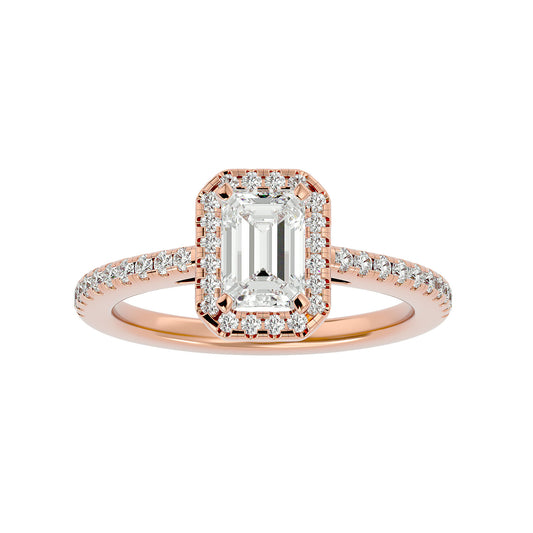 Lab Grown Emerald Cut Diamond Halo Ring In Rose Gold