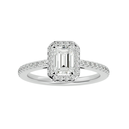 Lab Grown Emerald Cut Diamond Halo Ring In Platinum