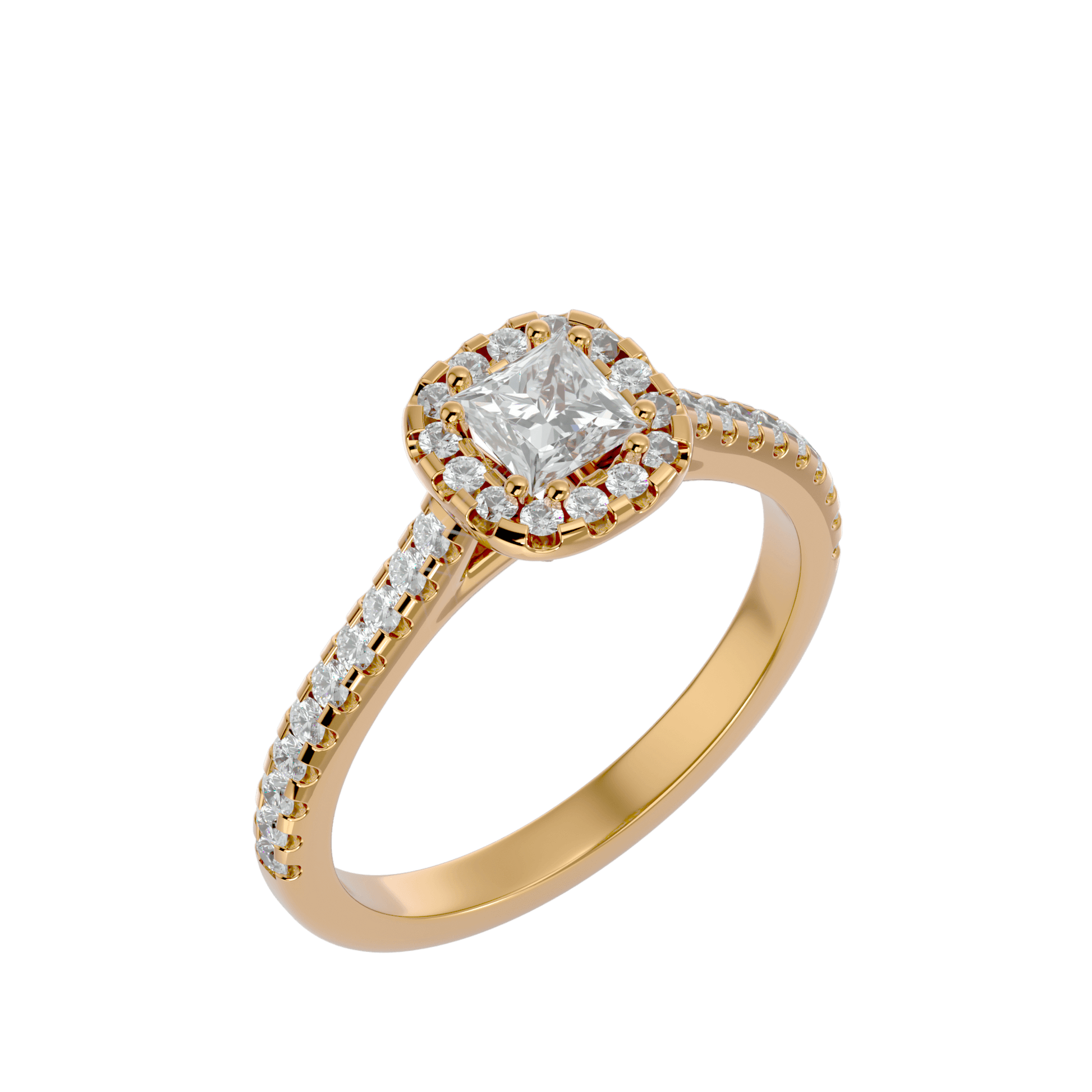 Lab Grown Princess Cut Diamond Halo Ring In Yellow Gold