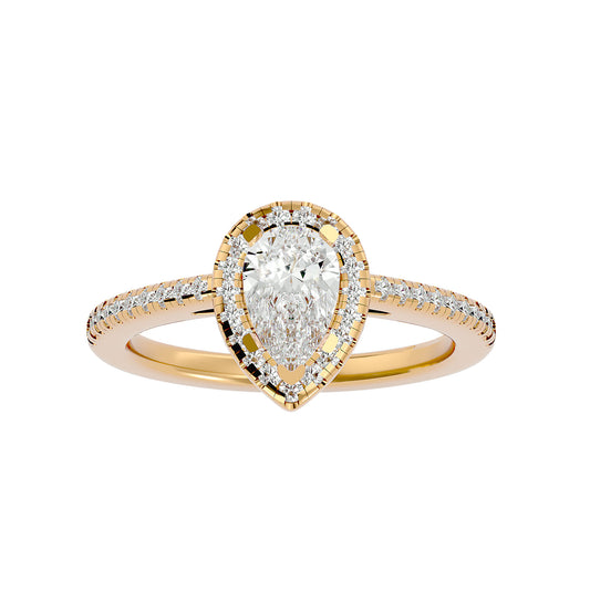 Adorned Lab Grown Pear Cut Diamond Halo Ring In Yellow Gold