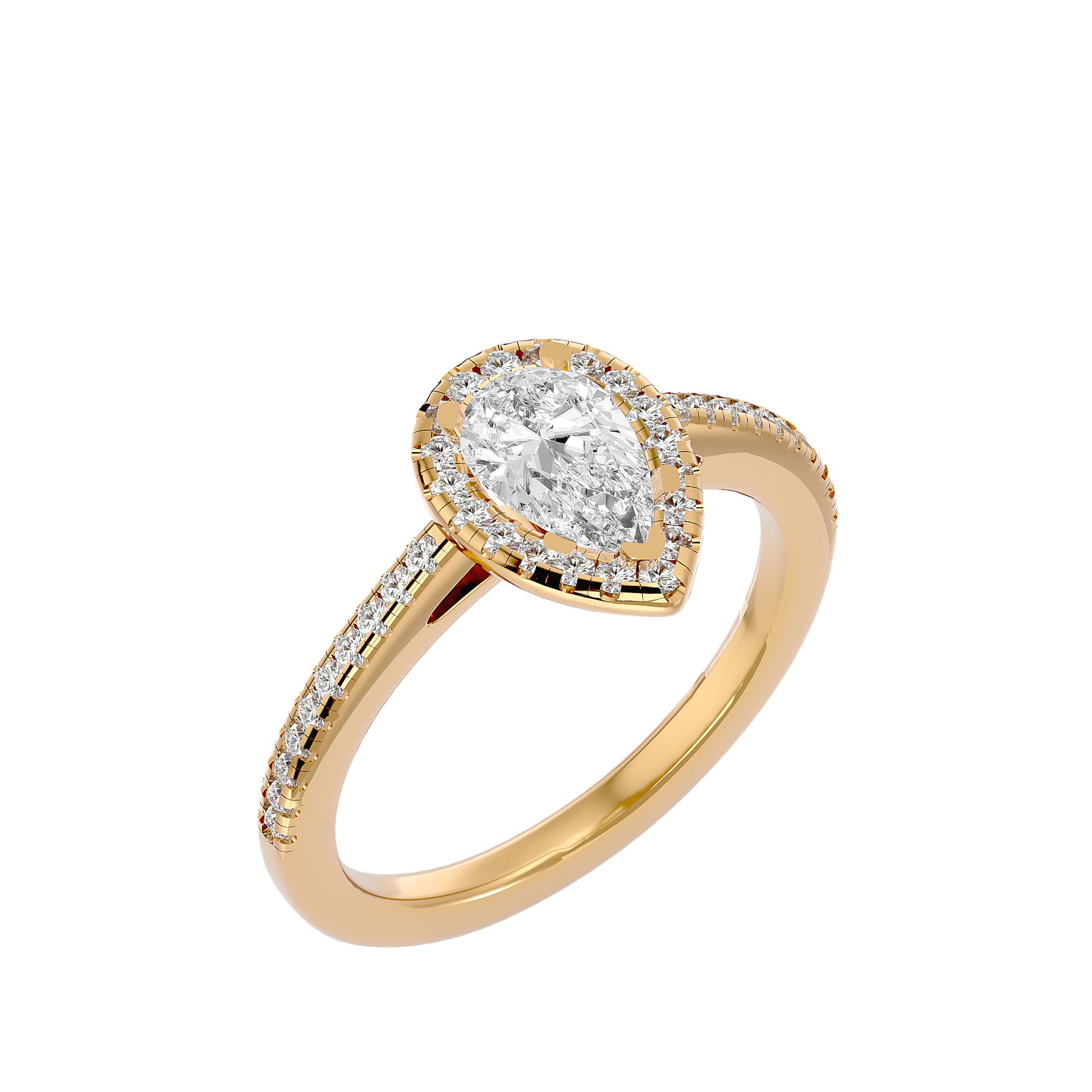 Adorned Lab Grown Pear Cut Diamond Halo Ring In Yellow Gold