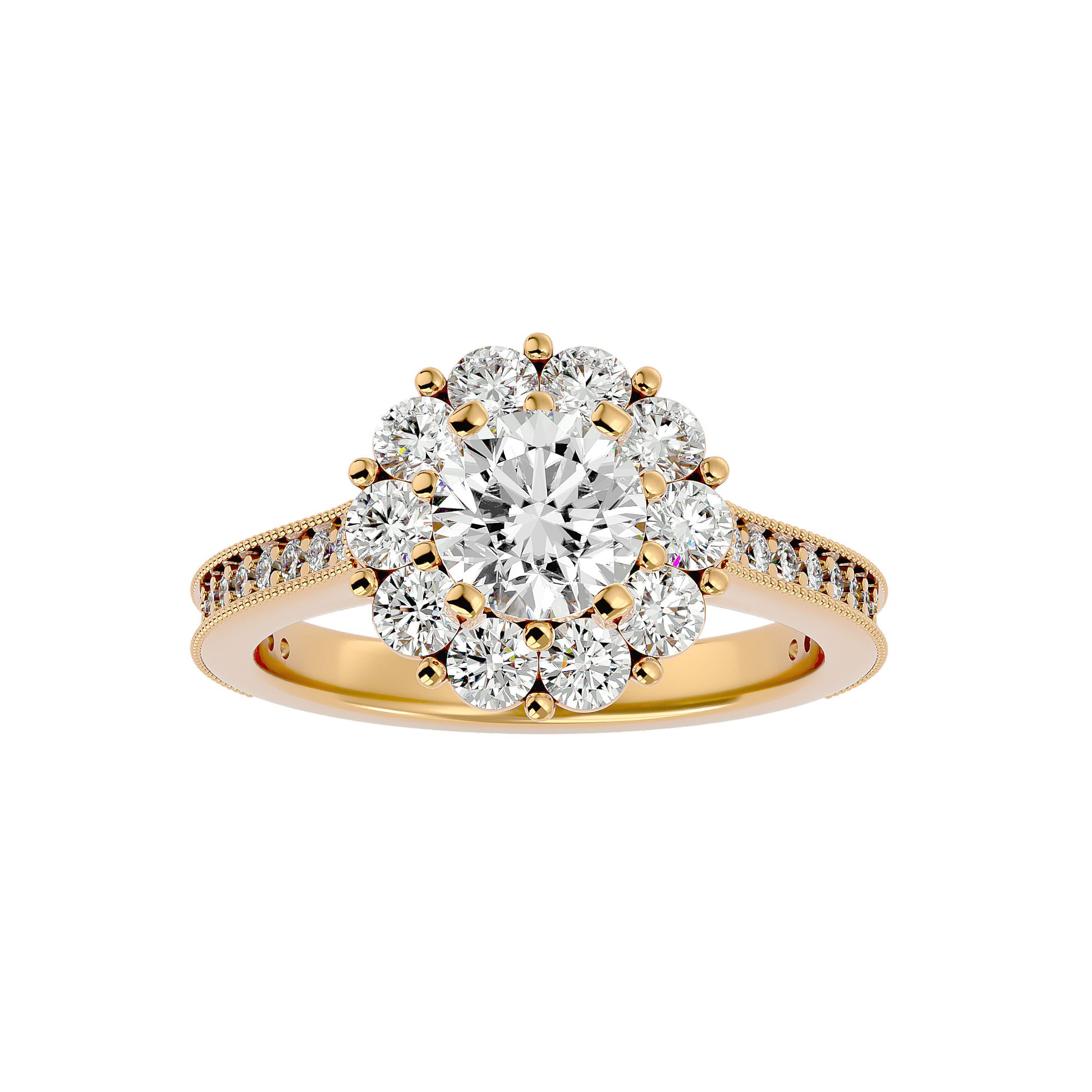 Lab Grown Round Cut Diamond Halo Ring In Yellow Gold