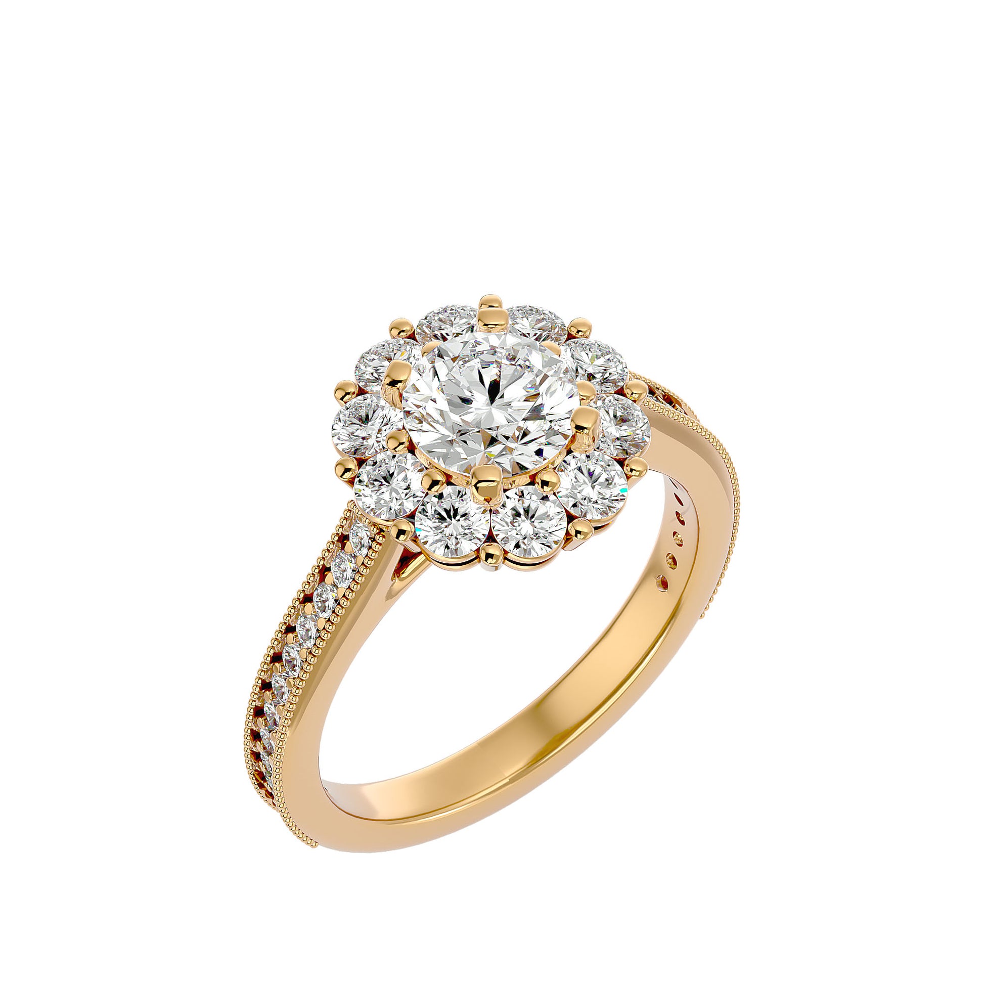 Lab Grown Round Cut Diamond Halo Ring In Yellow Gold