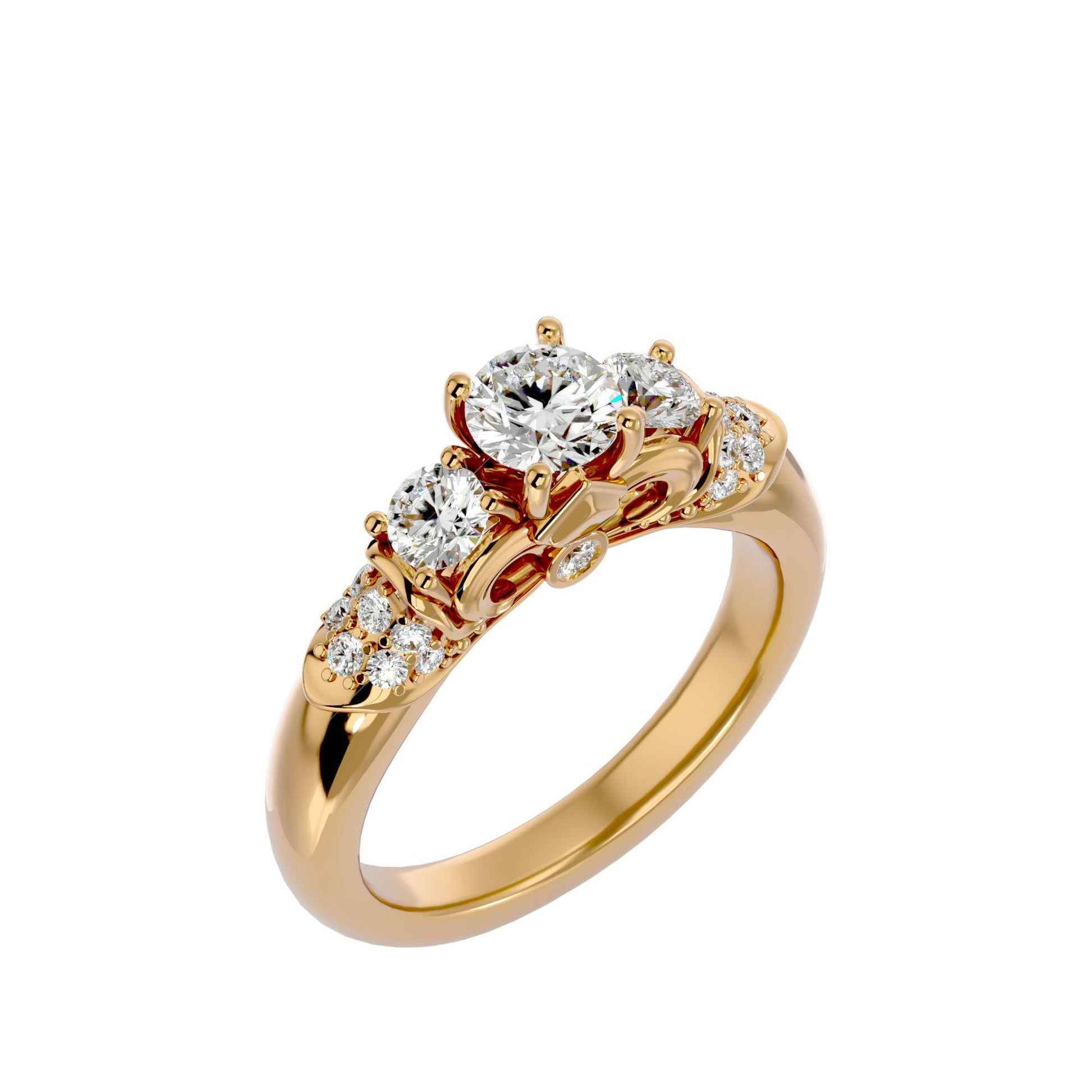 Lab Grown Round Cut Trio Diamond Ring In Yellow Gold