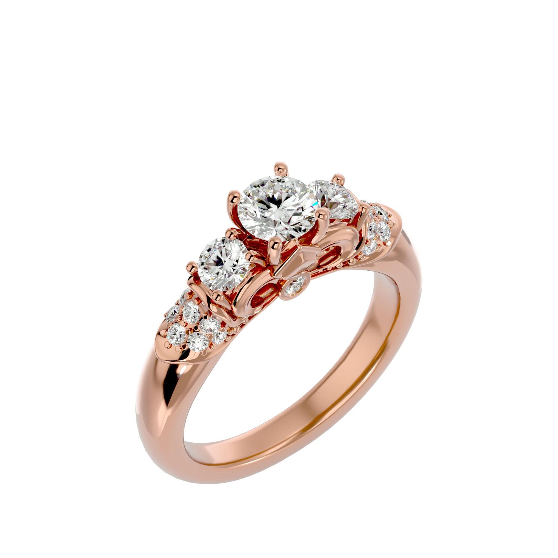 Lab Grown Round Cut Trio Diamond Ring In Rose Gold