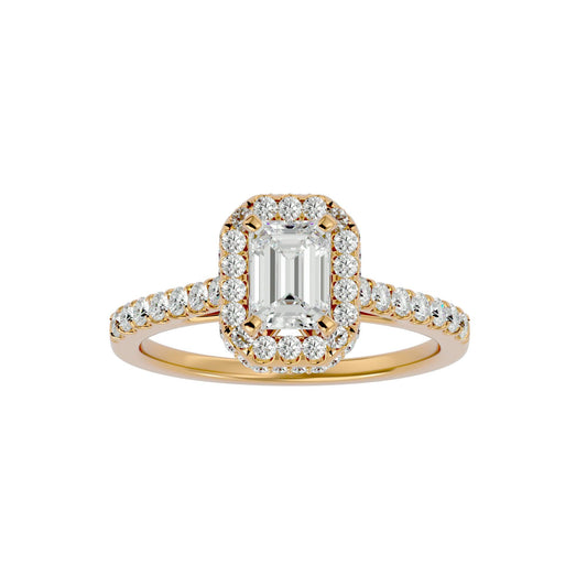 Lab Grown Emerald Cut Diamond Halo Ring In Yellow Gold.