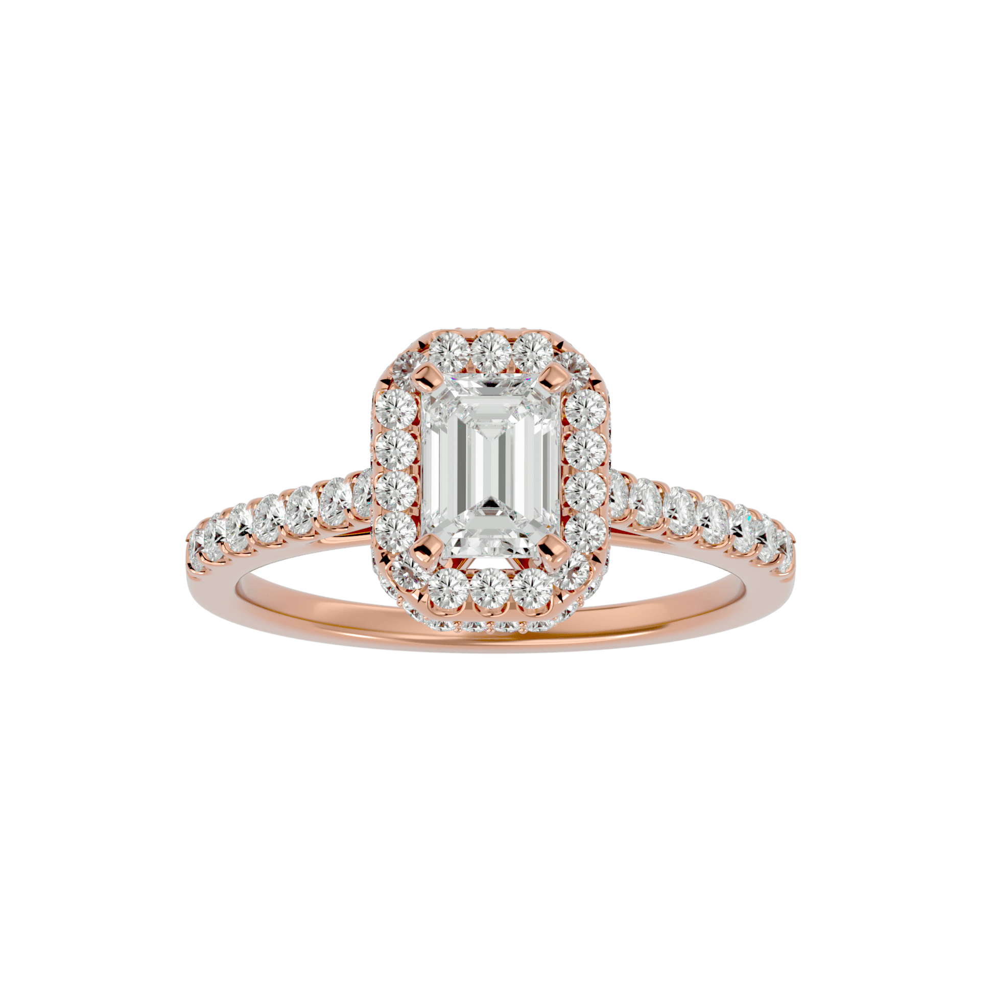 Lab Grown Emerald Cut Diamond Halo Ring In Rose Gold.