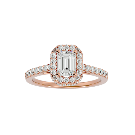 Lab Grown Emerald Cut Diamond Halo Ring In Rose Gold.