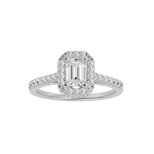 Lab Grown Emerald Cut Diamond In White Gold Halo Ring