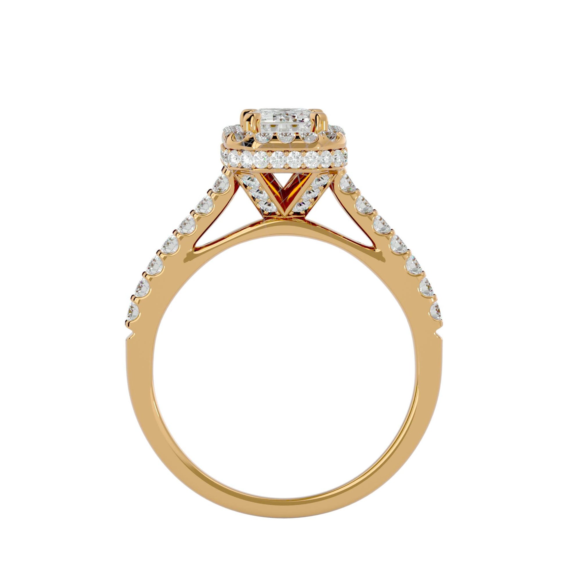 Lab Grown Emerald Cut Diamond Halo Ring In Yellow Gold.