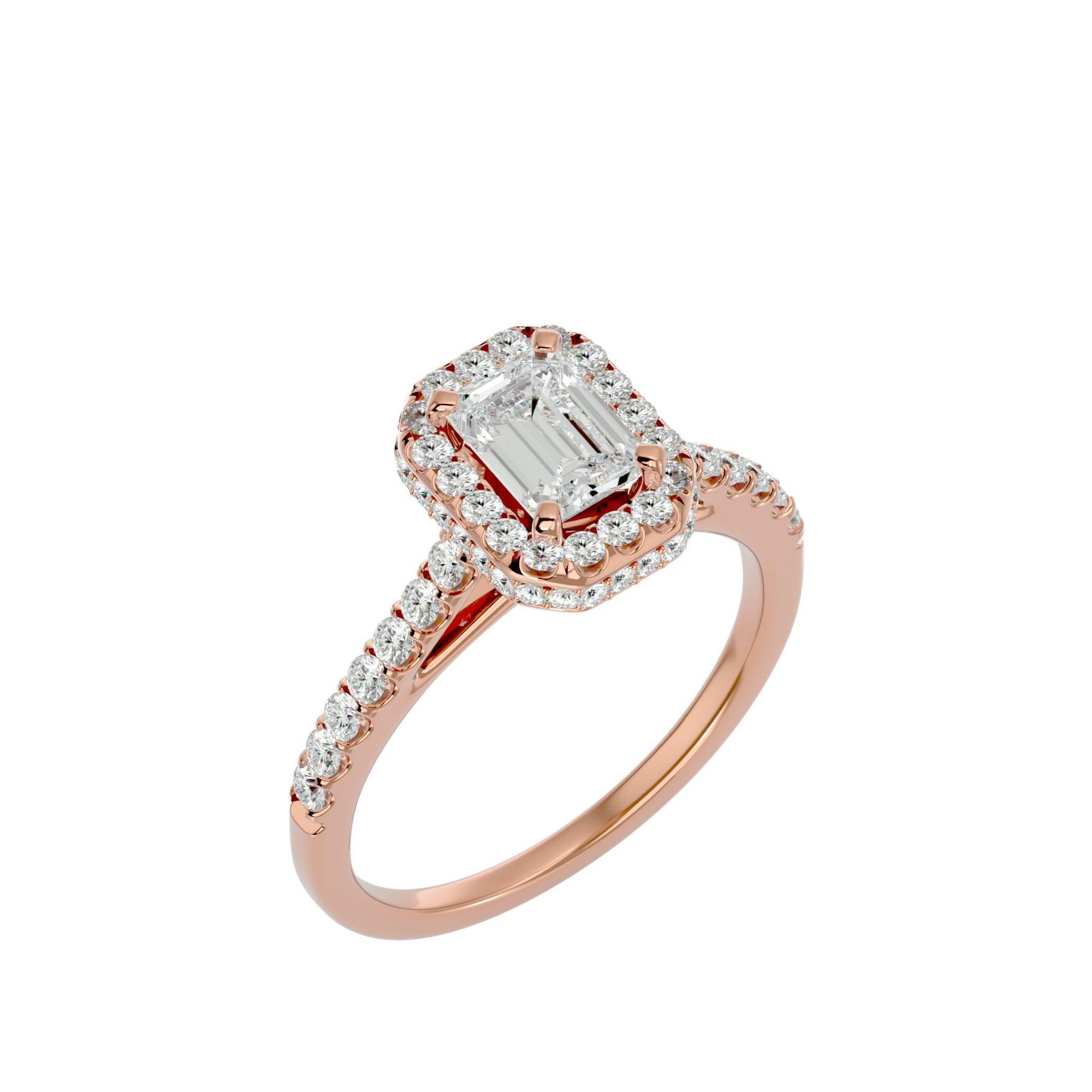 Lab Grown Emerald Cut Diamond Halo Ring In Rose Gold.