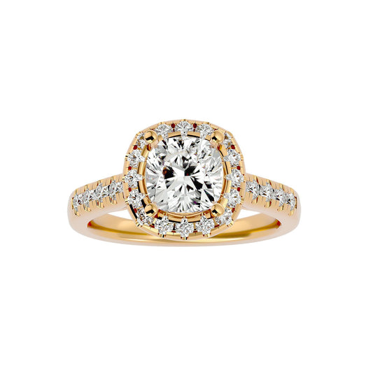 Lab Grown Cushion Cut Diamond Halo Ring In Yellow Gold