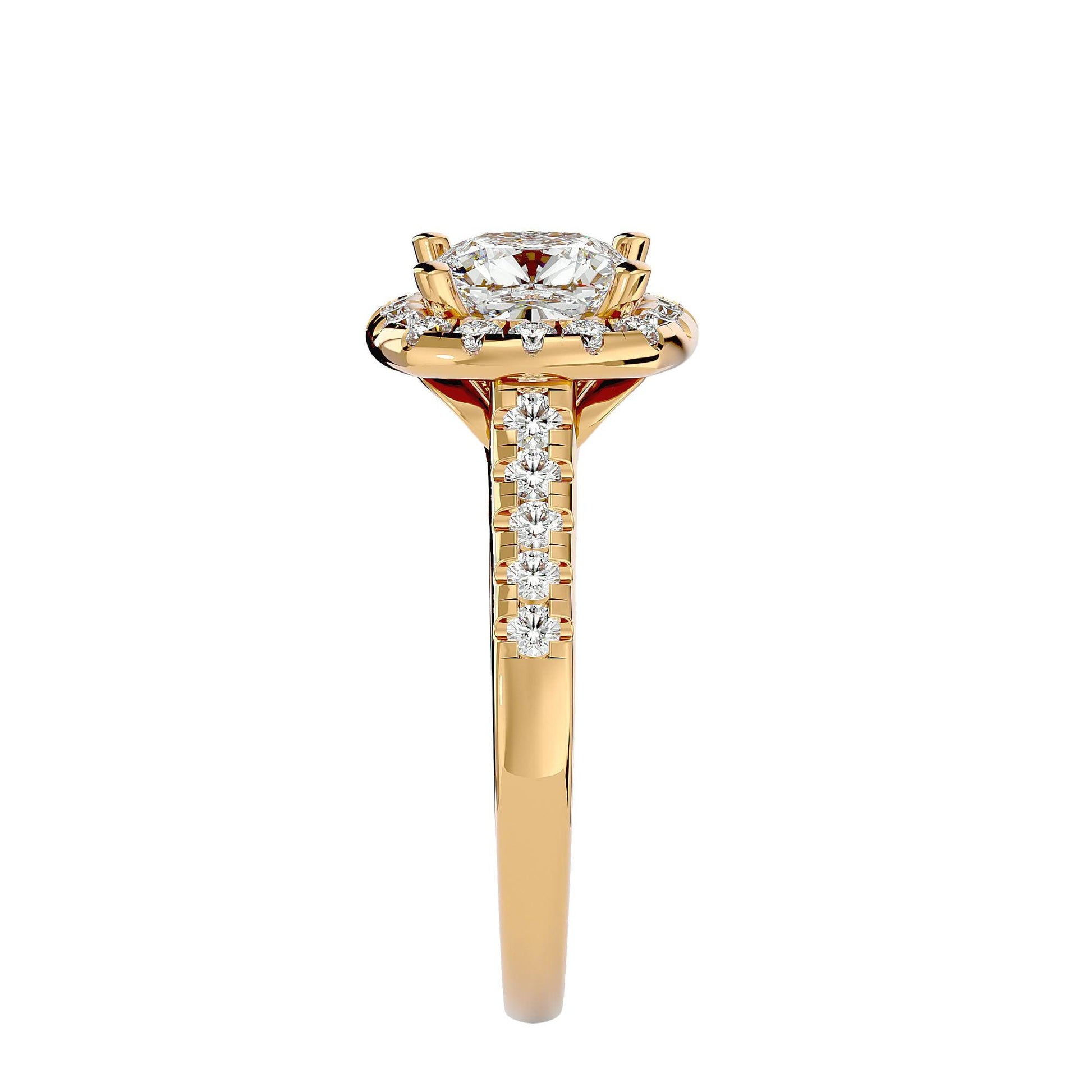 Lab Grown Cushion Cut Diamond Halo Ring In Yellow Gold