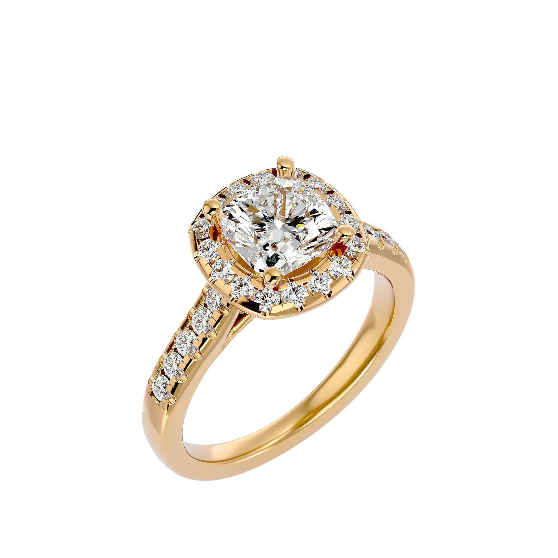 Lab Grown Cushion Cut Diamond Halo Ring In Yellow Gold