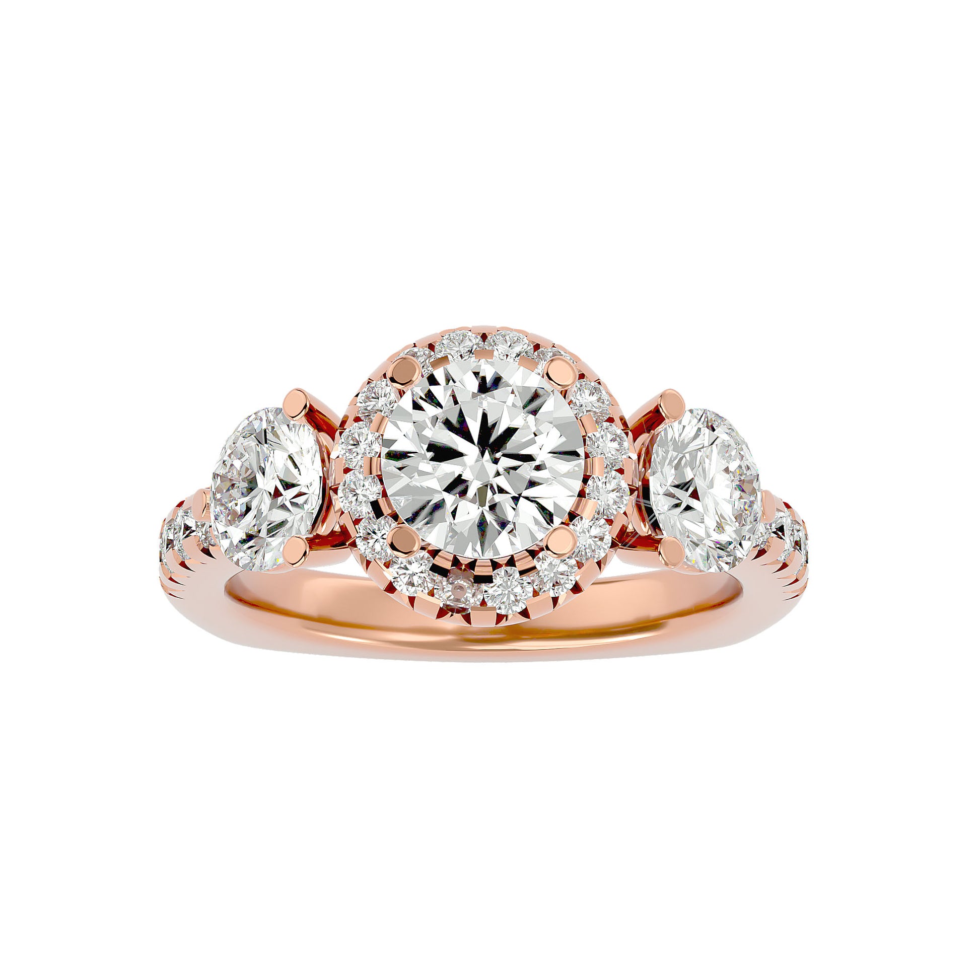 Lab Grown Round Cut Diamond Three Stone Ring In Rose Gold