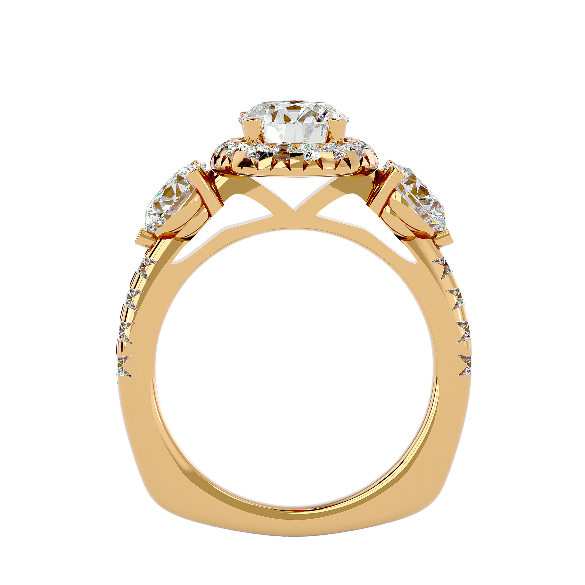 Lab Grown Round Cut Diamond Three Stone Ring In Yellow Gold