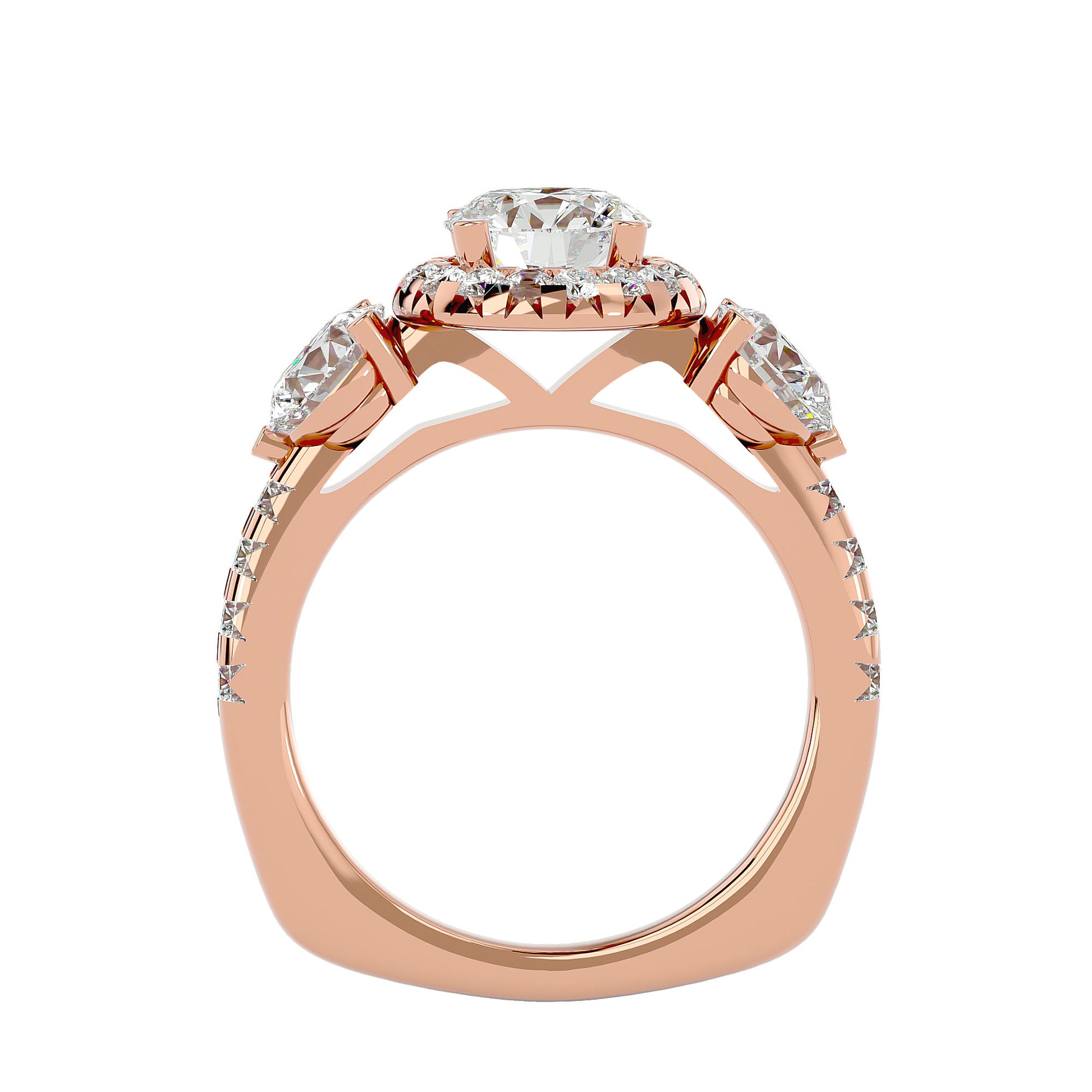 Lab Grown Round Cut Diamond Three Stone Ring In Rose Gold