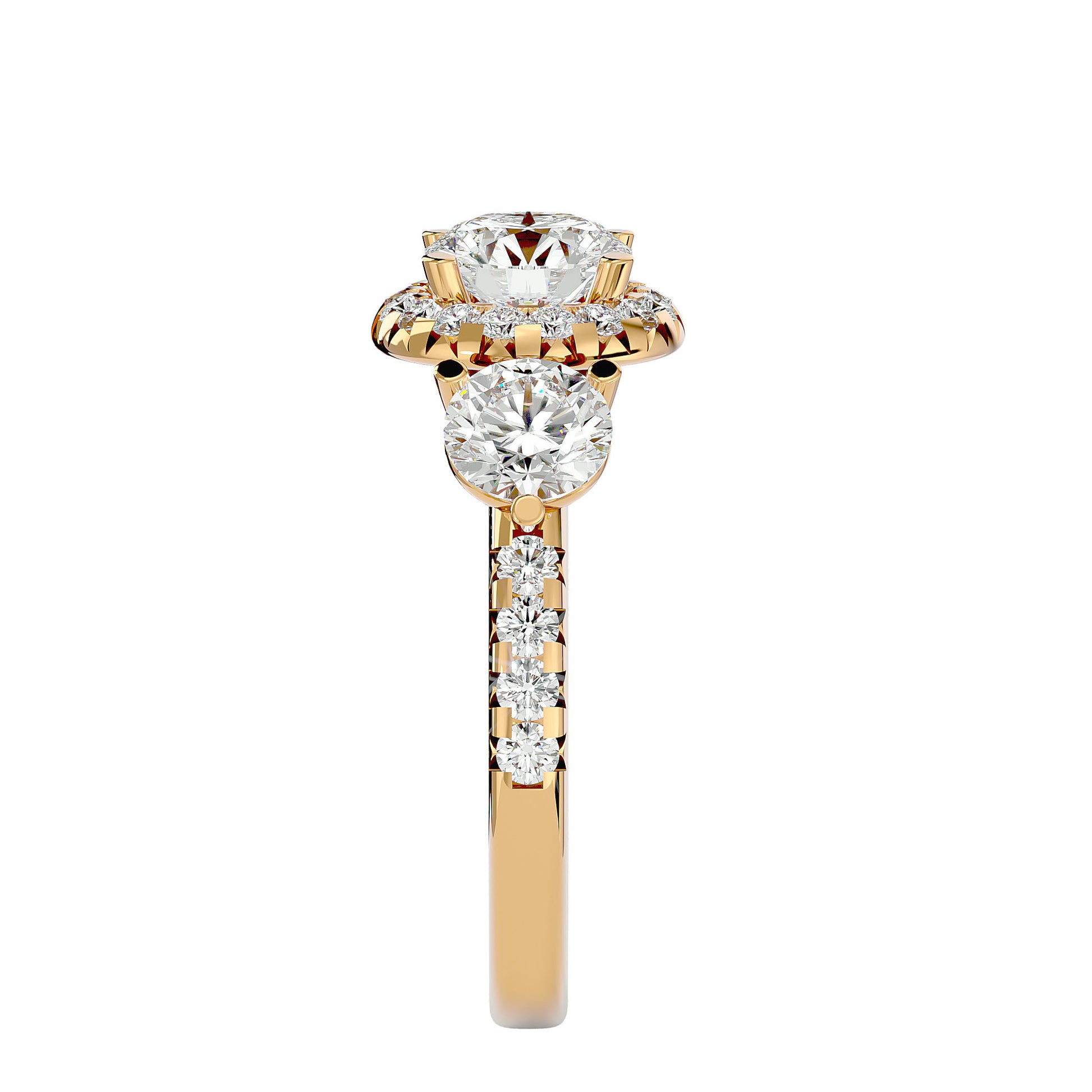 Lab Grown Round Cut Diamond Three Stone Ring In Yellow Gold