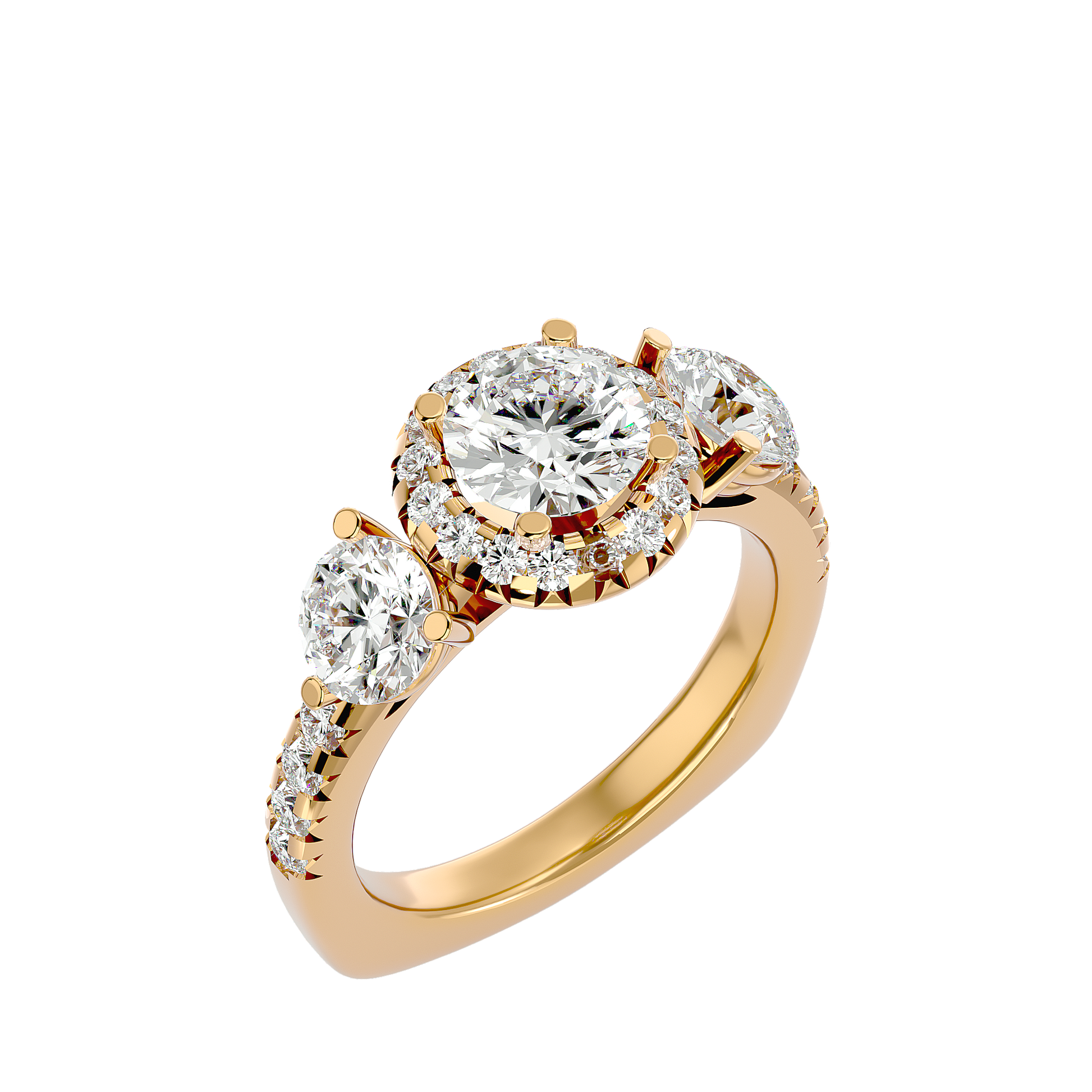 Lab Grown Round Cut Diamond Three Stone Ring In Yellow Gold