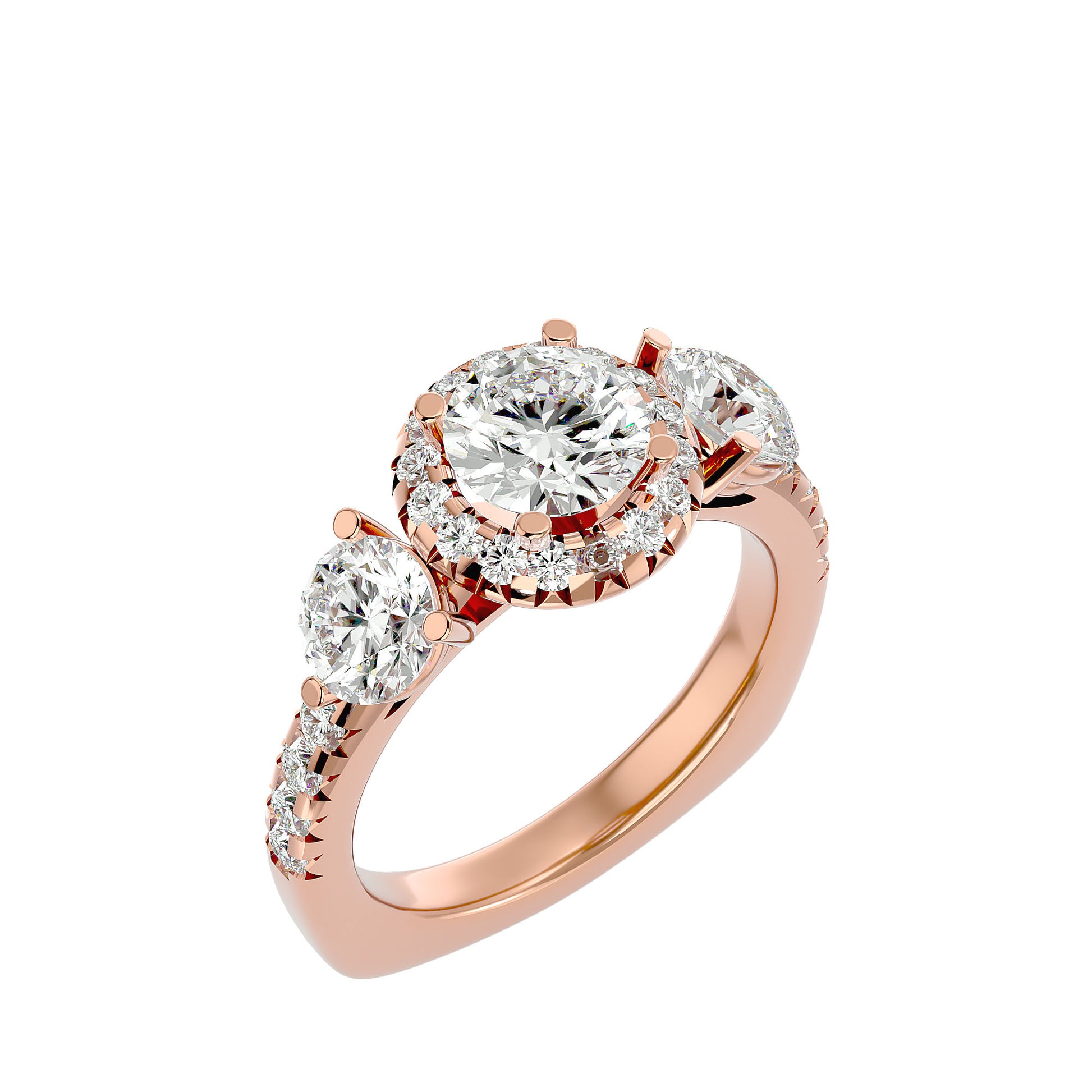 Lab Grown Round Cut Diamond Three Stone Ring In Rose Gold